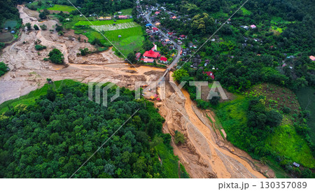 Aerial View of Flooded Farmland and Village Landscape Aerial View of Flooded Farmland and Village Landscape 130357089