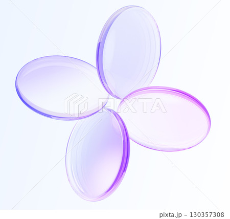 3d crystal glass holographic round disks with circular motion effect. Iridescent transparent lens in flower shape. Circle discs with purple pink gradient, isolated decor element. 3D illustration 130357308