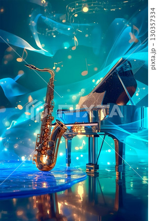 A saxophone and a grand piano are set against a vibrant, abstract backdrop. The saxophone stands upright, gleaming in gold, while the piano is partially visible, emphasizing its polished keys and wood A saxophone and a grand piano are set against a vibrant, abstract backdrop. The saxophone stands upright, gleaming in gold, while the piano is partially visible, emphasizing its polished keys and wood 130357334