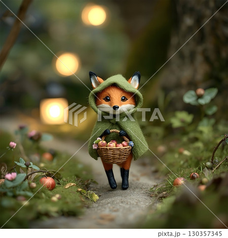 A felt fox doll dressed in a green cloak is holding a woven basket of colorful felt apples. The setting is a miniature woodland scene with soft, blurred lanterns in the background and small plants and 130357345