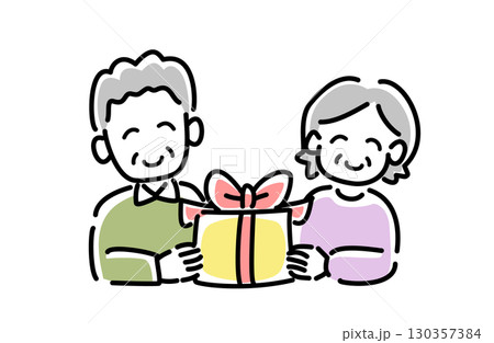 プレゼントを受け取る高齢夫婦のベクターイラスト プレゼントを受け取る高齢夫婦のベクターイラスト 130357384