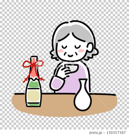 一位老年婦女飲酒的向量插圖 130357387