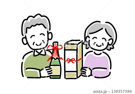 お祝いに日本酒を受け取る高齢夫婦のベクターイラスト お祝いに日本酒を受け取る高齢夫婦のベクターイラスト 130357399