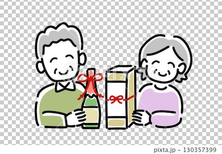 一對老年夫婦接受清酒作為慶祝的向量插圖 130357399