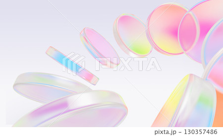Holographic 3d glass circle discs with iridescent gradient. Abstract geometric background with speed circular effect of rainbow color round disks, transparent plastic or acryl plates. 3D illustration 130357486