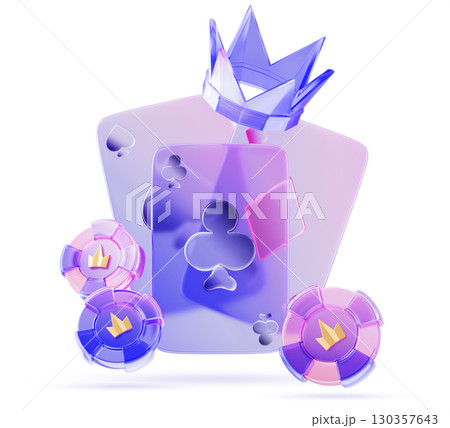 Holographic glass morphism playing cards, neon poker game chips and crystal crown. Casino gambling, bet ace with tokens for blackjack or baccarat with purple pink gradient on white bg. 3D illustration Holographic glass morphism playing cards, neon poker game chips and crystal crown. Casino gambling, bet ace with tokens for blackjack or baccarat with purple pink gradient on white bg. 3D illustration 130357643