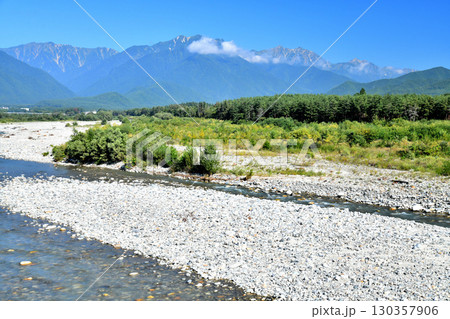 観音橋／高瀬川より上流方向／爺ヶ岳～鹿島槍ヶ岳～五竜岳方向を望む(長野県大町市)【2025.9】 130357906