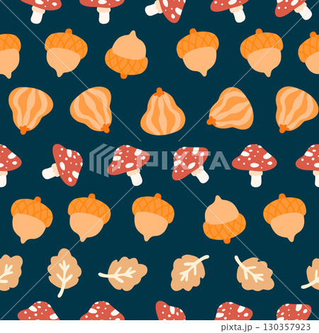 Dark navy background pattern with orange acorns, leaves, and red mushrooms. Seamless autumn woodland vector for fabric, paper, and seasonal crafts. Vibrant and cozy fall design. Dark navy background pattern with orange acorns, leaves, and red mushrooms. Seamless autumn woodland vector for fabric, paper, and seasonal crafts. Vibrant and cozy fall design. 130357923