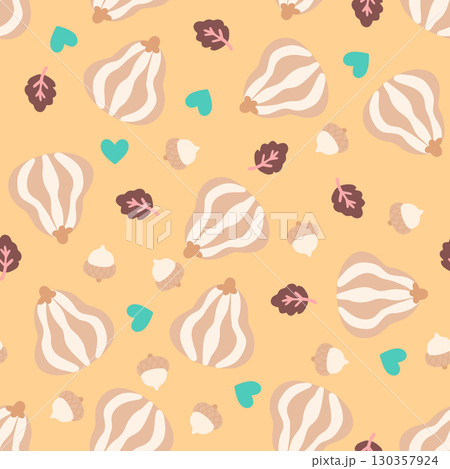 Seamless beige background with whimsical nuts, seeds, and heart accents. Warm cozy autumn pattern for fabric, paper, kids decor, and seasonal crafts. Cute playful woodland design. 130357924