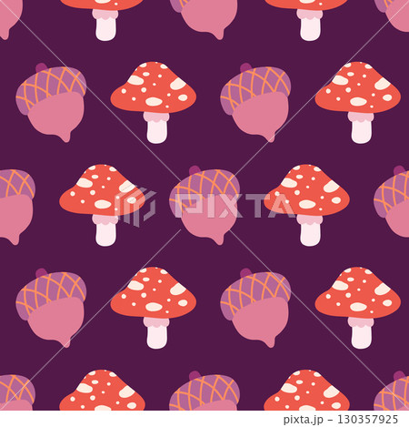 Seamless pattern with spotted red mushrooms and acorns on a purple background. Great for fabric, kids products, autumn crafts, and seasonal packaging. Fun and bold woodland vector design. Seamless pattern with spotted red mushrooms and acorns on a purple background. Great for fabric, kids products, autumn crafts, and seasonal packaging. Fun and bold woodland vector design. 130357925