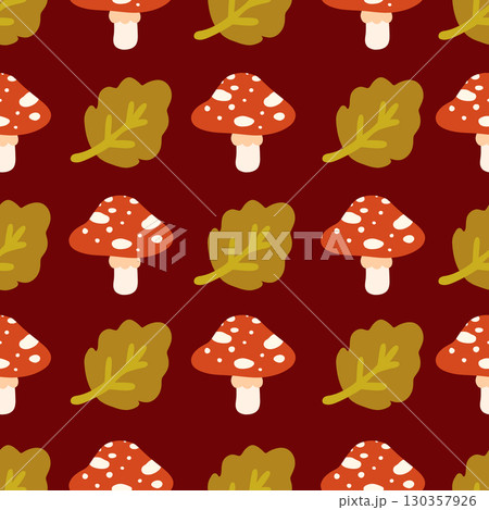 Seamless autumn pattern featuring red mushrooms with white spots and soft green leaves. Perfect for kids apparel, fabric, gift wrap, and seasonal designs. Whimsical woodland illustration in warm Seamless autumn pattern featuring red mushrooms with white spots and soft green leaves. Perfect for kids apparel, fabric, gift wrap, and seasonal designs. Whimsical woodland illustration in warm 130357926