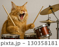 茶トラ猫（メインクーン）がドラムを叩くロックバンド風の演奏シーン 130358181