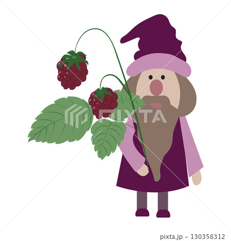 Cute gnome with a raspberry branch on his shoulder. Vector illustration isolated on white background. 130358312