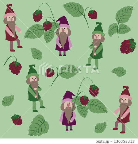 Cute gnomes with raspberries. Seamless pattern 130358313