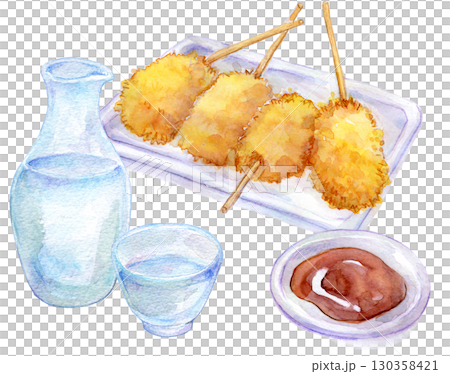 Watercolor illustration: Cold sake and kushikatsu Watercolor illustration: Cold sake and kushikatsu 130358421