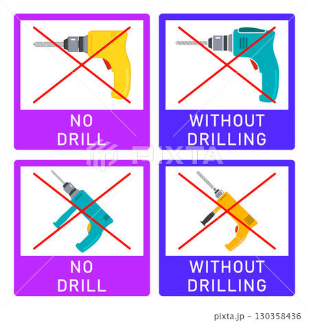 No drill and without drilling icon with power drill symbol. Set of crossed out vector illustration and sign. Design template for website elements, tag, sticker and other use. No drill and without drilling icon with power drill symbol. Set of crossed out vector illustration and sign. Design template for website elements, tag, sticker and other use. 130358436