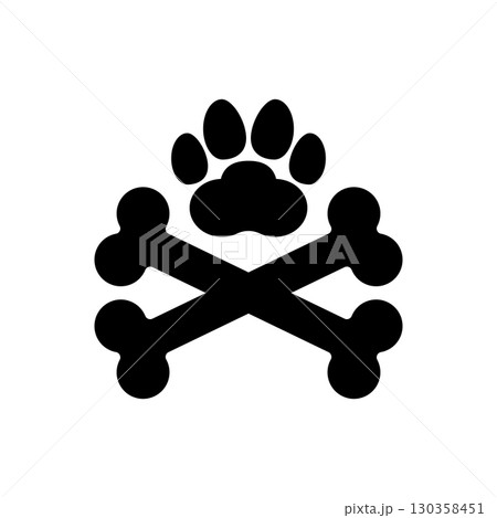 Two dog crossbones and paw print. Crossed bones icon and logo design. Silhouette. Isolated vector illustration on white background. 130358451