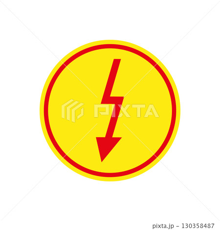 Warning high voltage sign with red lightning symbol and yellow circle in frame. Simple minimal vector illustration on white background. Warning high voltage sign with red lightning symbol and yellow circle in frame. Simple minimal vector illustration on white background. 130358487