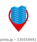 Skyscrapers, high buildings and location icon. Colored bright logo of a real estate agency, a construction company, an architectural bureau. Vector isolated illustration.  130358491