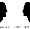 Male and female silhouettes talking opposite each other. Man and woman with profile faces and heads. Vector illustration on white background. 130358494