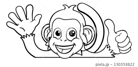 Monkey Cartoon Animal Behind Sign Thumbs Up Waving 130358822