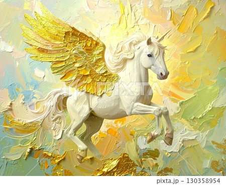金の翼を広げてペガサスが光の中を駆け上がるインパスト 130358954