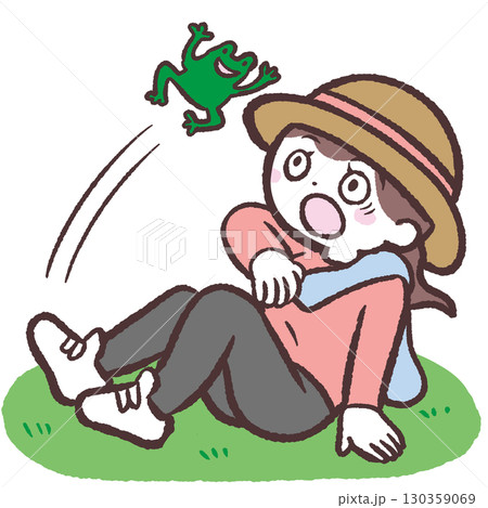 カエルに驚いてしりもちつく女性のイラスト カエルに驚いてしりもちつく女性のイラスト 130359069