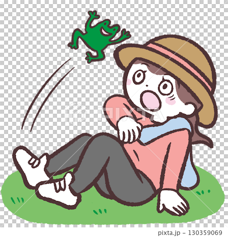 カエルに驚いてしりもちつく女性のイラスト カエルに驚いてしりもちつく女性のイラスト 130359069