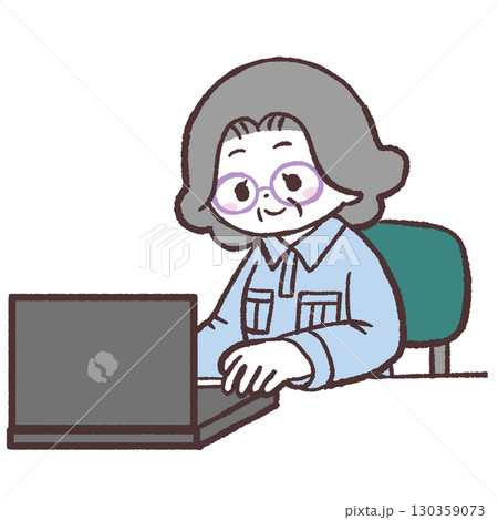 パソコン作業するシニア女性のイラスト 130359073