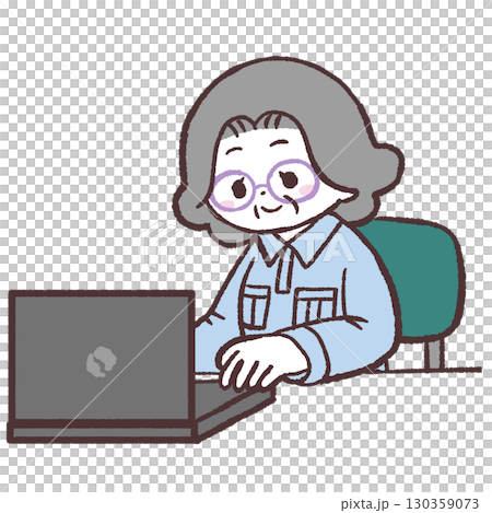 パソコン作業するシニア女性のイラスト 130359073