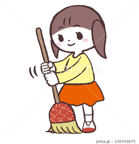 ほうきで掃く女の子のイラスト 130359075
