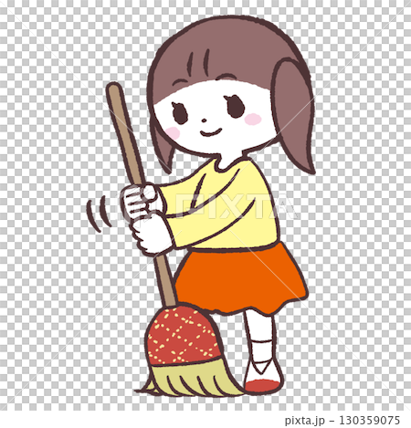ほうきで掃く女の子のイラスト 130359075