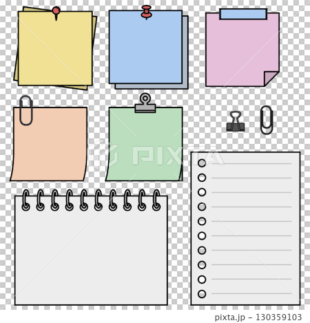 Illustrations of stationery such as sticky notes and notebooks 130359103
