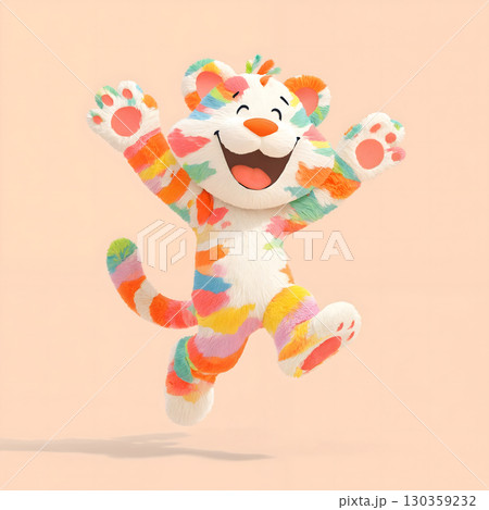 Happy Colorful Striped Cat Leaping Happy Colorful Striped Cat Leaping 130359232
