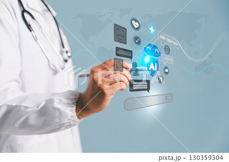 Futuristic concept of smart AI chatbot is healthcare by assisting doctor, supporting medical customer services robotic chat system powered by artificial intelligence in modern health care, medicine. 130359304