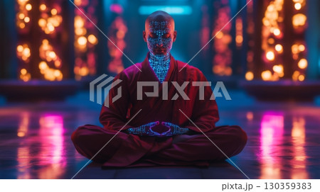 A meditative figure in vibrant lights. This image captures serenity and focus. The atmosphere is ethereal, inviting reflection and calm. Generative AI 130359383