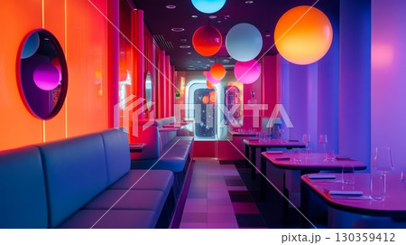 Explore a vibrant and modern dining ambiance. This stylish interior features colorful lighting and unique decor elements. A captivating space for social interactions. Generative AI 130359412