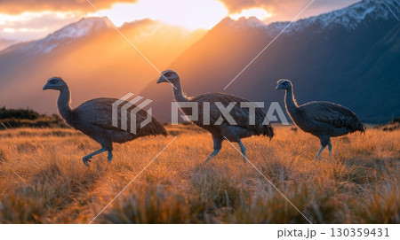 Three birds walk gracefully across golden grass under a stunning sunset. Mountain peaks glow in the background. Nature unfolds its beauty. Generative AI 130359431