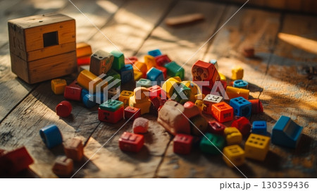 A vibrant collection of colorful building blocks scattered on a wooden floor. Imagination and creativity in every shape and hue. Perfect for playtime and educational activities. Generative AI 130359436