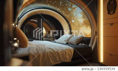 Experience a futuristic bedroom with an otherworldly view. Space-themed aesthetics and innovative design create a cozy retreat. Dream among the stars. Generative AI 130359534
