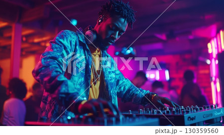 A talented DJ engages the crowd with vibrant beats in a lively venue. Colorful lights enhance the energetic atmosphere. Music inspires connection and joy. Generative AI A talented DJ engages the crowd with vibrant beats in a lively venue. Colorful lights enhance the energetic atmosphere. Music inspires connection and joy. Generative AI 130359560