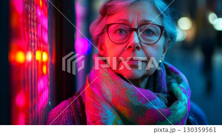 A profound portrait of a thoughtful older woman illuminated by vibrant neon lights. Her expression reveals depth and wisdom. Capturing emotions through color. Generative AI 130359561