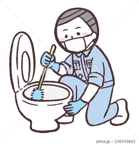 トイレ掃除をする男性のイラスト トイレ掃除をする男性のイラスト 130359681