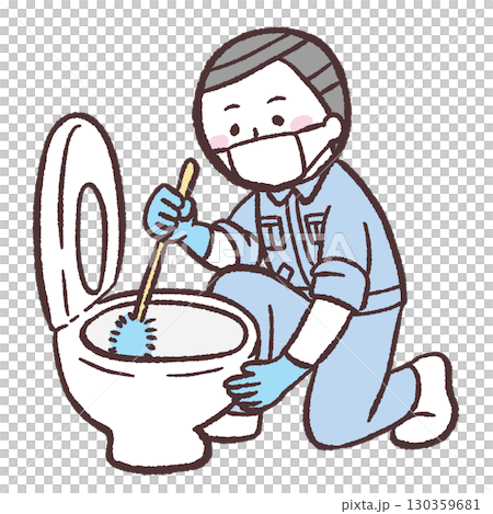 トイレ掃除をする男性のイラスト トイレ掃除をする男性のイラスト 130359681