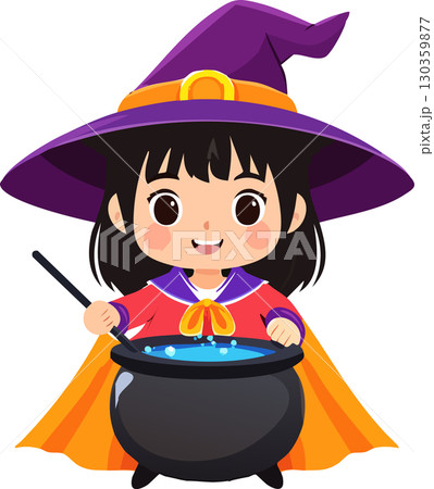 ハロウィンの衣装来た女の子と魔法の釜 130359877