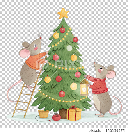A cute watercolor illustration of two white mice decorating a Christmas tree. One mouse is standing on a wooden ladde  130359975