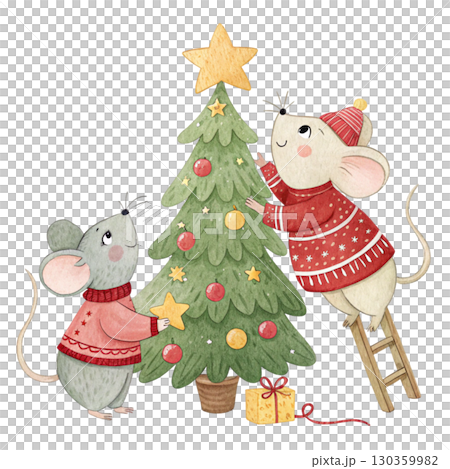 A cute watercolor illustration of two white mice decorating a Christmas tree. One mouse is standing on a wooden ladde  130359982
