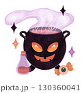 whimsical black cauldron with a smiling pumpkin face. Halloween theme 130360041