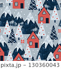 A winter landscape pattern featuring red houses, snow-covered trees, and mountains 130360043