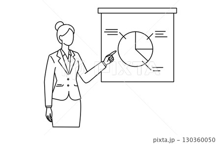 プレゼン中の女性と円グラフ資料イラストアイコン 130360050